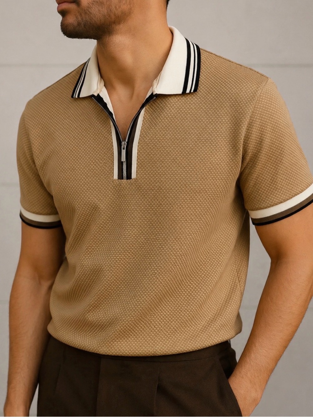 Men's Taupe Short-Sleeve Zip Polo with Contrast Trim